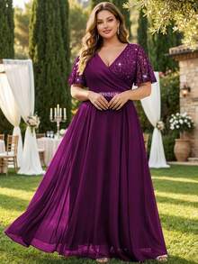 Đầm cỡ lớn tay cánh bướm, cổ chữ V, chất liệu chiffon đính ren hoa, có dây đeo và đính đá, thích hợp cho khách dự đám cưới, mùa hè, sinh nhật, lễ tốt nghiệp, tựu trường và các dịp khác. Thanh lịch. - Màu Tím - Xem 2