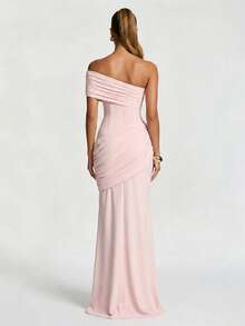 Elegant One-Shoulder Knitted Long Mermaid Dress, High Elasticity Sleeveless Evening Gown Wedding Party Fall - Baby Pink - View 8