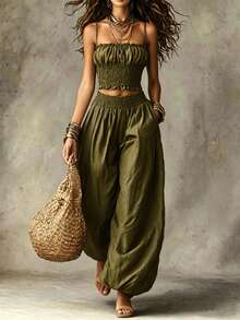 Relaxed Two-Piece Set For Lounging And Travel, Very Popular - Army Green - View 1