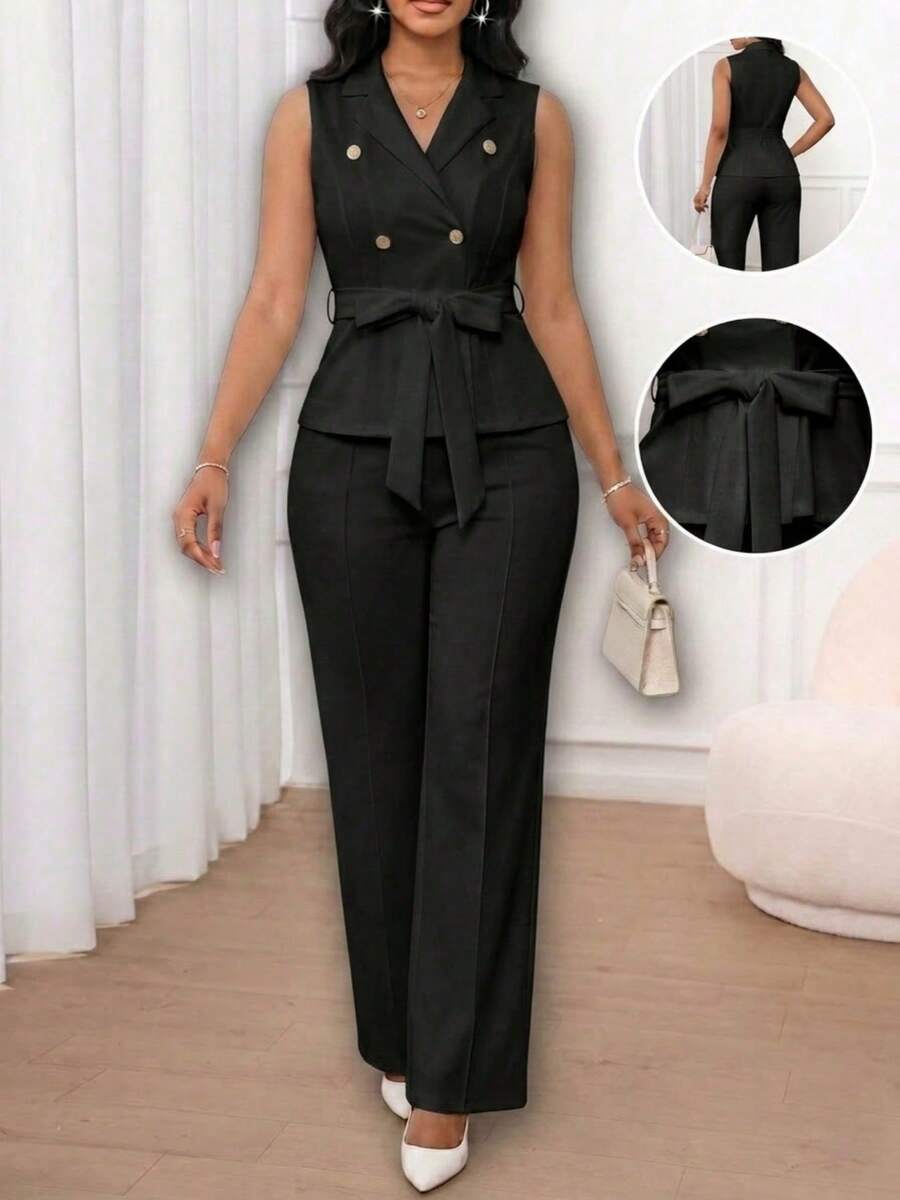 CALEBGAR Women's Business Suit V Neck Sleeveless Belted Vest And High Waisted Straight Leg Pants 2 Piece Office Workwear Set - 黑色 - 查看 1
