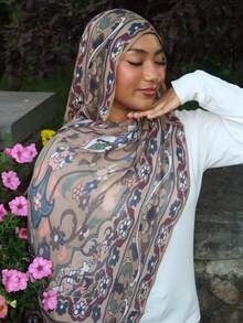 1 chiếc khăn choàng nữ họa tiết Bohemian hoa, màu nước, vân đá, sóng nước, nhuộm tie-dye, phù hợp mặc hàng ngày - Màu be - Xem 3