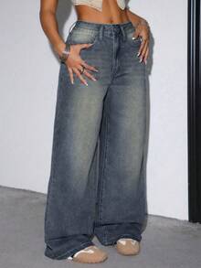 Women's Casual Loose Straight Leg Jeans With Pockets - Deep Nostalgic Color - View 7