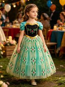 8pcs Girls Green Short Sleeve Floral Pattern Dress Crown Accessory Set, Children's Role Play Dress Set, Girls Party Halloween Christmas Carnival Costume Set - Green - View 4