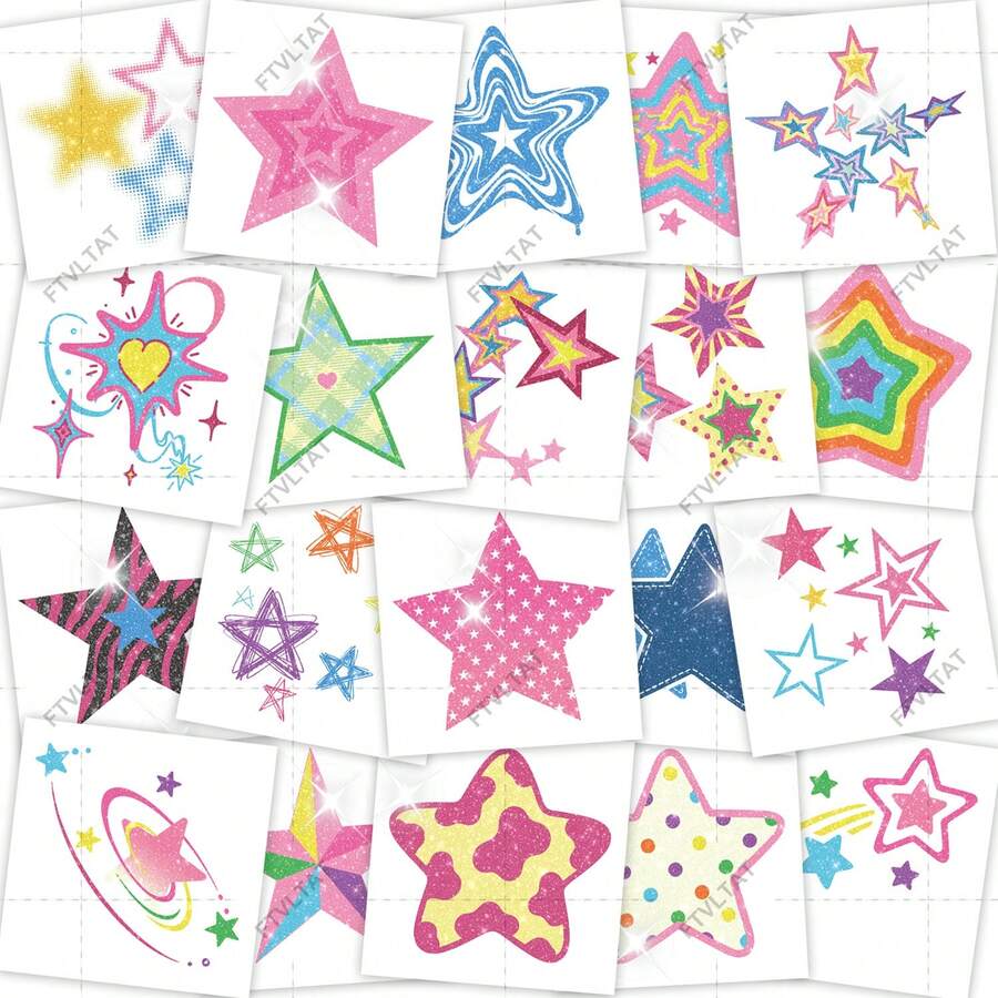 FTVLTAT Glitter Star Temporary Tattoo Stickers 20pcs/Pack, Waterproof Shiny Star Tattoos, Easy To Peel Long-Lasting Body Art, Colorful Glitter Star Pattern, Suitable For Birthday Party, Holiday, Cosplay, Daily Decoration - Multicolor - View 1