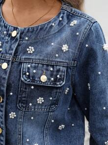 Women's Round Neck Studded Casual Denim Jacket - Blue - View 7