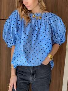 Plus Size New Fashion Elegant Polka Dot Digital Print Shirred Back Tie Hollow Out Open Back Top Vacation Summer - Blue - View 5