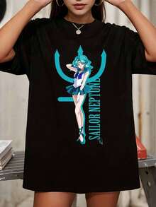 S-Sailorss Moon   Neptune Graphic T-Shirt, Crew Neck Casual Short Sleeve Top For Anime Fans - Black - View 1