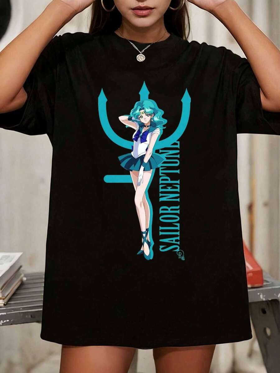 S-Sailorss Moon   Neptune Graphic T-Shirt, Crew Neck Casual Short Sleeve Top For Anime Fans - Black - View 1