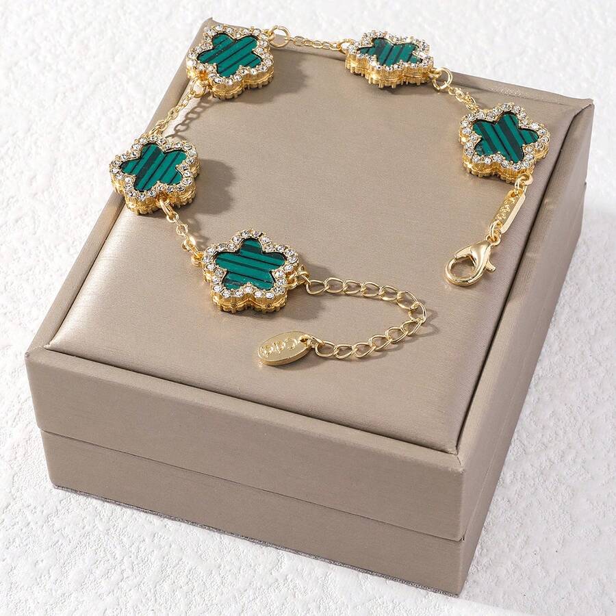 Single Five-Leaf Clover Multicolor Rhinestone Inlaid Fashionable Elegant Premium Women's Bracelet (No Packaging Box) - Green Stripes - View 1