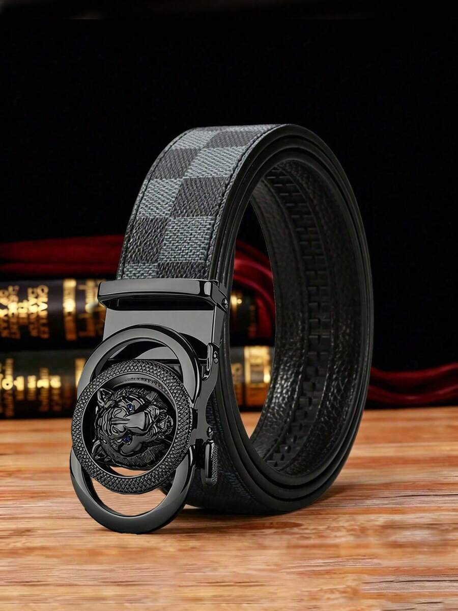 1 pieza Cinturón de cuero PU con hebilla automática para hombre, hebilla de tigre hueca en relieve, cinturón ajustable de estilo casual de negocios, disponible en múltiples colores, moda, adecuado para jeans de hombre, trajes, ropa de trabajo formal y uso casual diario. Estilo de lujo ligero, sensación de alta gama, el mejor regalo para el padre y el novio. - Multicolor - Ver 1