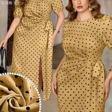 yonghongmaoyi1 Roveilla Vestido casual y elegante de talla grande con lunares franceses, volantes y cintura anudada, bajo con abertura, para fiesta de té de verano en color rosa con lunares - Café integral - Ver 1
