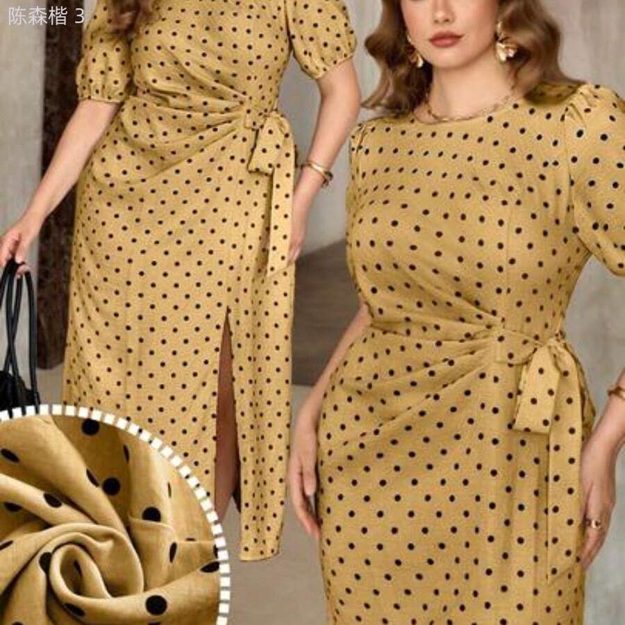 yonghongmaoyi1 Roveilla Vestido casual y elegante de talla grande con lunares franceses, volantes y cintura anudada, bajo con abertura, para fiesta de té de verano en color rosa con lunares - Café integral - Ver 1