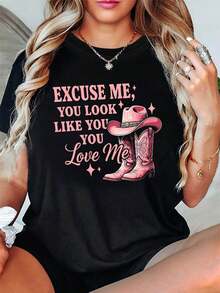 Talla - Talla - Camiseta Social de Moda Divertida y Bromeante con la Frase 'DISCÚLPAME; CREO QUE TE QUEREN'; con un Estampado de un Sombrero y Botas de Vaquero, Diseñpara - Blanco - Ver 1
