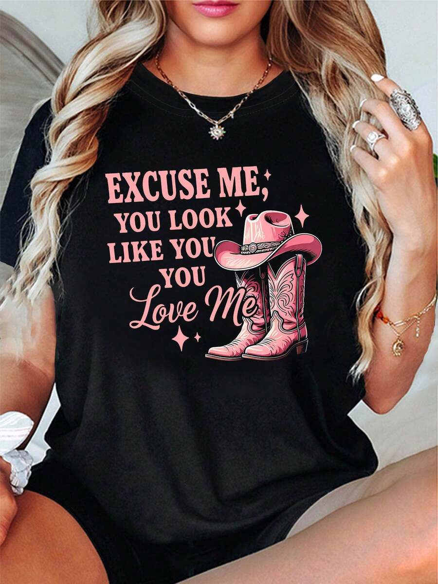 Talla - Talla - Camiseta Social de Moda Divertida y Bromeante con la Frase 'DISCÚLPAME; CREO QUE TE QUEREN'; con un Estampado de un Sombrero y Botas de Vaquero, Diseñpara - Blanco - Ver 1
