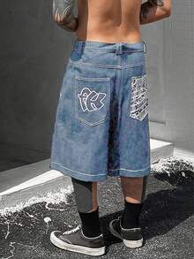 Teens/Youth Black Denim Shorts With White Graffiti Details, Oversized Streetwear Style - Baby Blue - View 1