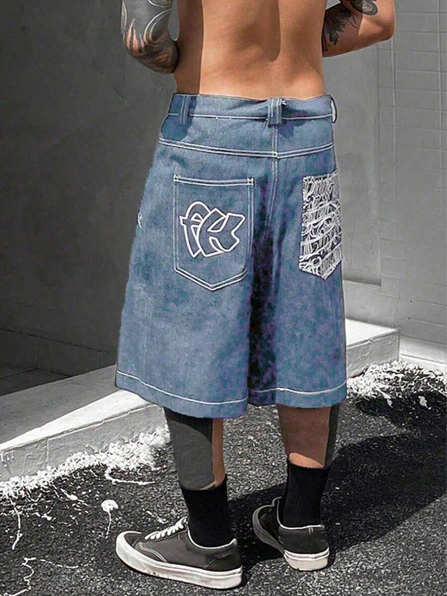 Teens/Youth Black Denim Shorts With White Graffiti Details, Oversized Streetwear Style - Baby Blue - View 1