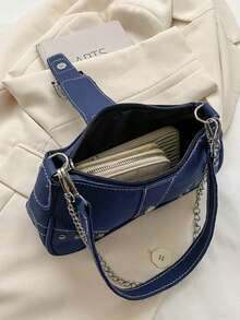 1pc Women's Colorblock Spice Girls Style Slim Daily Zipper Bag, Suitable For Party & Holiday, Large Capacity Fashionable Versatile Chain Bag - Blue - View 7