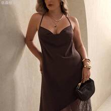 yonghongmaoyi1 Elegantrix Vestido de satén de verano con empalme de encaje transparente, lazo en la cintura y dobladillo para mujer de talla grande. - Marrón - Ver 5
