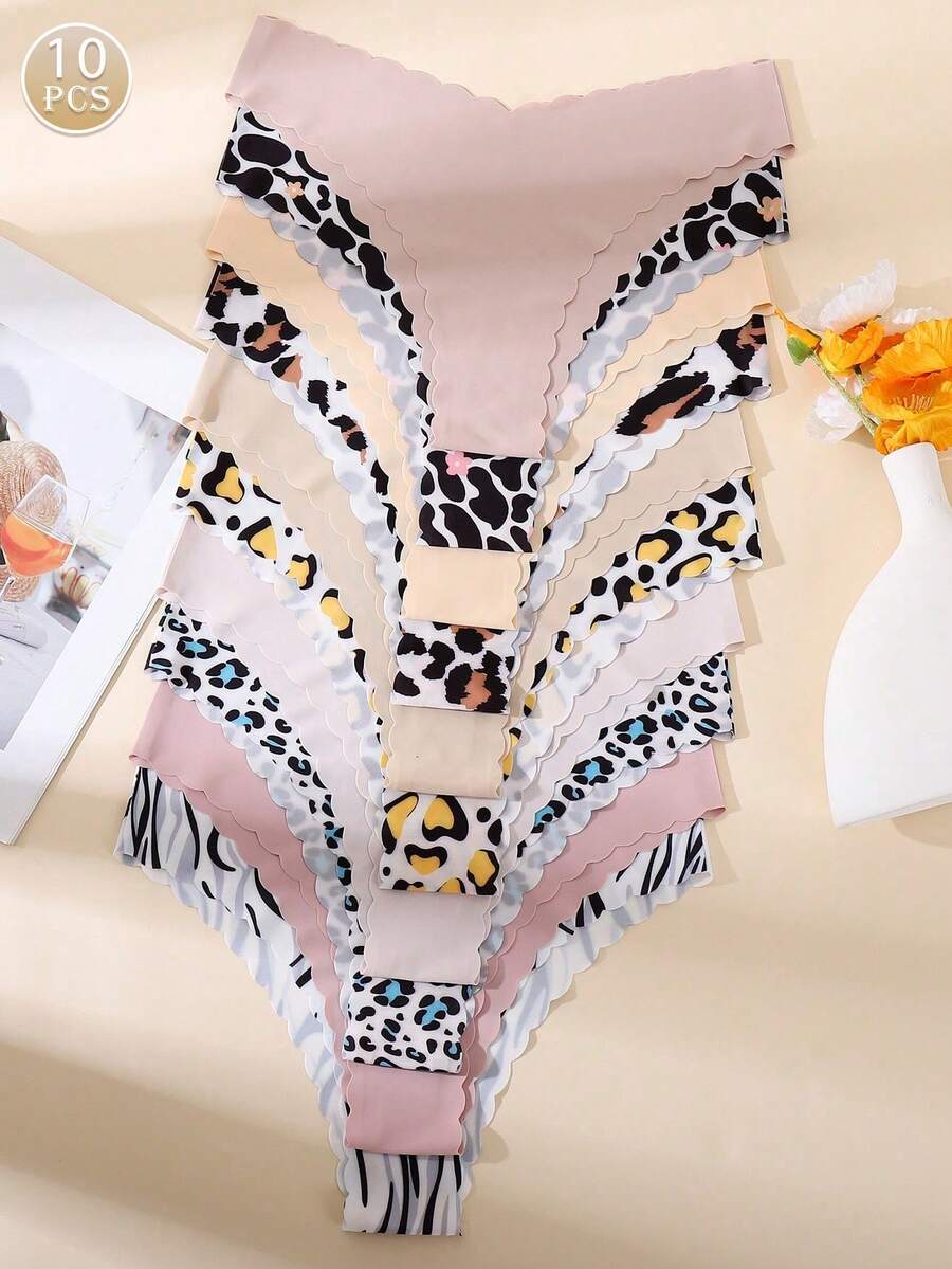 10 Pieces/Pack - Seamless Panties With Scalloped Edge For Women, Comfortable And Sexy Skin-Friendly Fabric, Seamless Bikini Panties For Ladies - 黑色 - 查看 1
