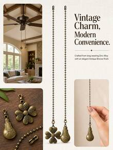 4pcs/2pcs Floral Alloy Ceiling Fan Pull Chain Decor Vintage Style Pull Chain Pendant Extender 13 Inch Lighting Ceiling Fan Beads Spherical Pull Chain Extender Decor With DIY Connector - Four-leaf Clover + Light Bulb - View 3