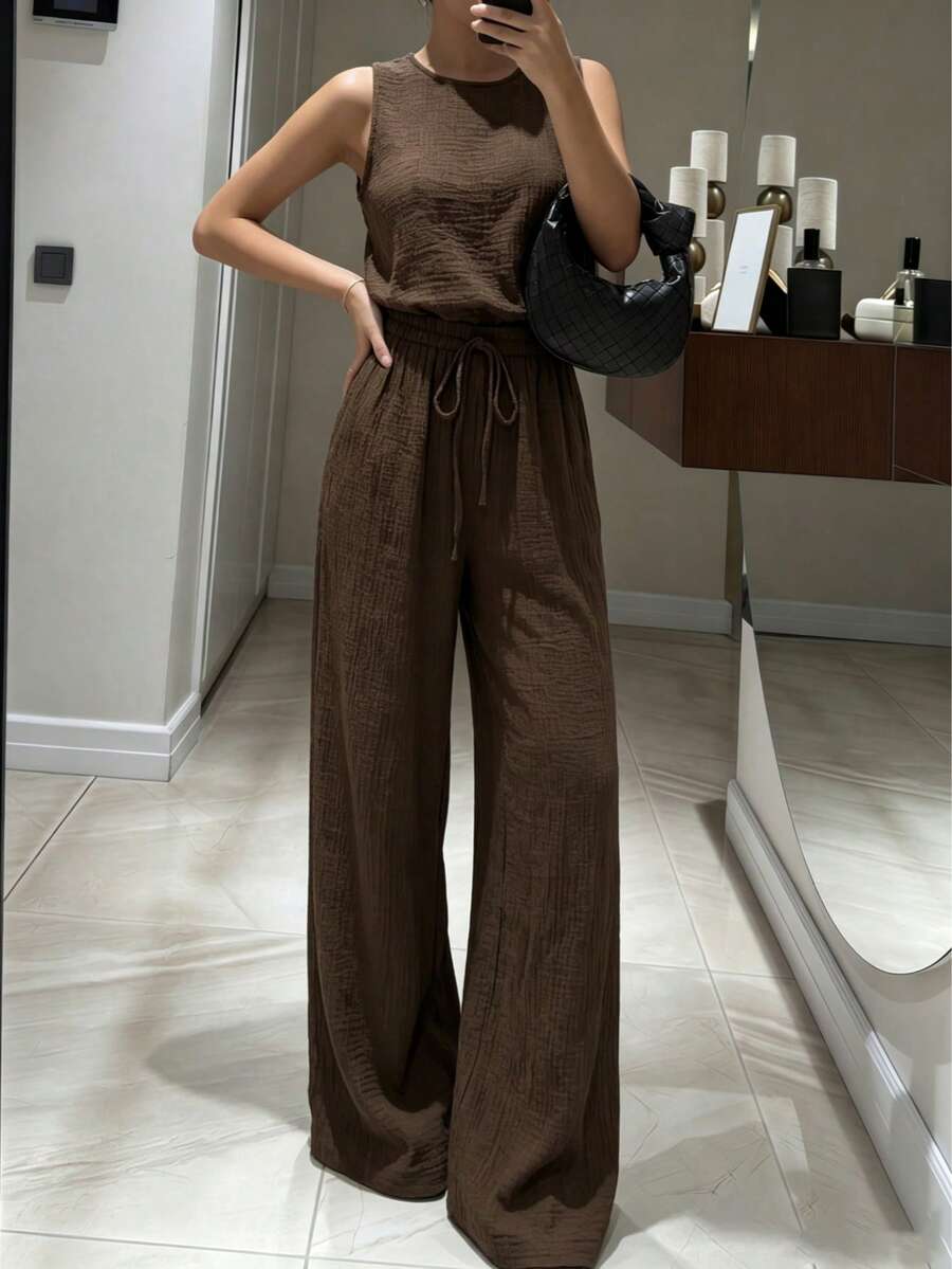 Women's Sleeveless Pleated Drawstring Wide Leg Pants 2 Pieces Set, Dark Coffee Color, Minimalist Relaxed Fit For Daily And Commute Wear, Spring/Summer Elegant - Dark Brown - View 1