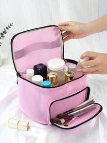 1 pieza Bolsa de almacenamiento de malla multifuncional de doble compartimento, material de malla semitransparente rosa, ranura frontal para cepillos + partición del compartimento principal, bolsa de maquillaje portátil estilo chica hot - Multicolor - Ver 11