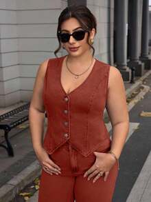 Chaqueta de mezclilla informal con cuello en V y una sola hilera de botones para mujer de talla grande - Naranja - Ver 1