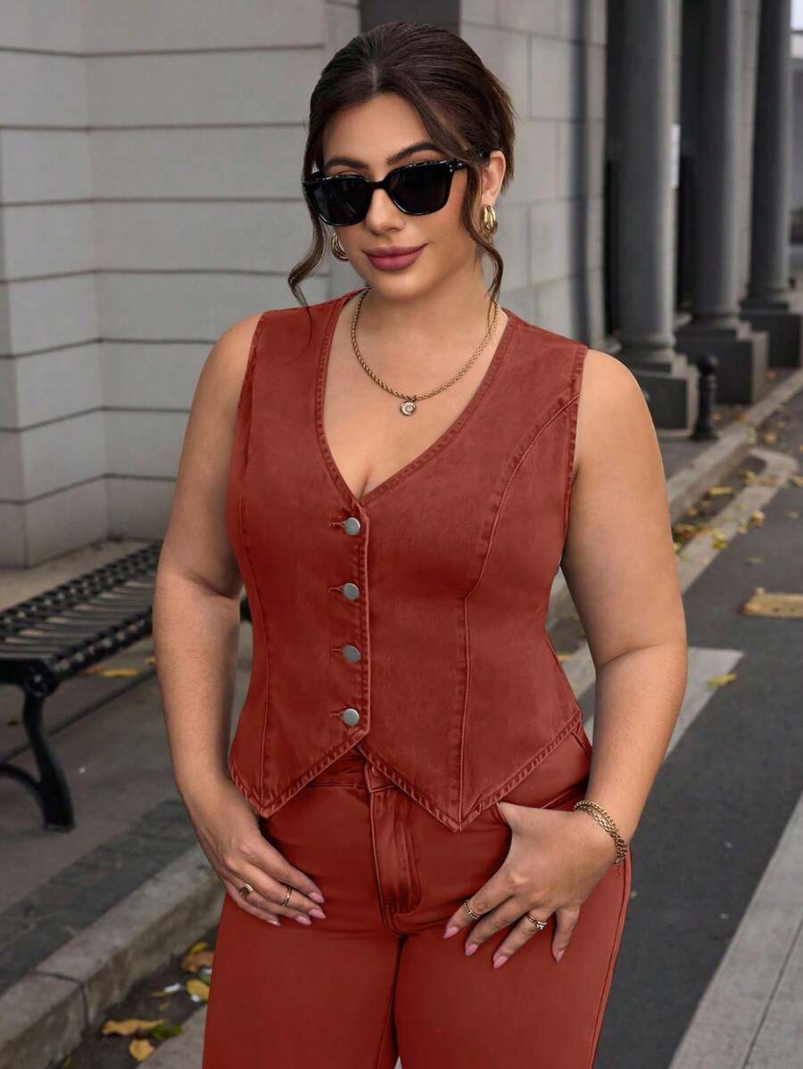 Chaqueta de mezclilla informal con cuello en V y una sola hilera de botones para mujer de talla grande - Naranja - Ver 1