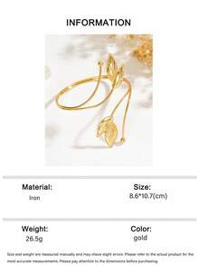 1pc Fashionable Personalized Double Leaf Texture Open Arm Cuff, Minimalist Textured 3D Leaf Geometric Open Adjustable Arm Decor, Suitable For Music Festivals, Balls And Parties - Gold - View 7