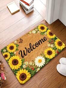1 buah Keset Selamat Datang Motif Bunga Matahari & Kupu-kupu - Tahan Lama & Dapat Dicuci dengan Mesin - Keset Dalam Ruangan Serbaguna (Cocok Untuk Dapur, Kamar Tidur, Ruang Tamu, Kamar Mandi, Keset Hewan Peliharaan, Teras Luar Ruangan, Karpet Area Kecil) - B - View 3