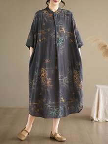 AZAH Halloween Elegant Ball 女款大尺碼夏季中長洋裝，植物印花，短袖圓領，休閒寬鬆版型，附口袋，無彈性梭織布料 - 灰色 - 查看 4