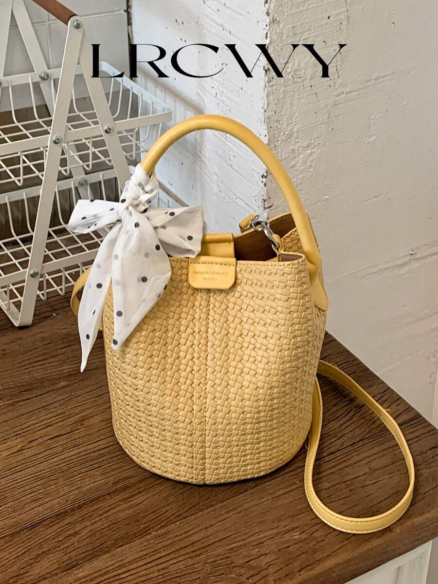 Women's Handbag Bucket Bag Fashion Versatile Elegant Solid Color Striped Yellow Bag With Scarf Suitable For Shopping And Commuting Includes Small Pouch - Yellow - View 1