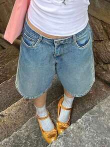 Women's Casual Knee-Length Wide Leg Loose Bermuda Denim Shorts, Suitable For Vacation, Beach, Country Music Festivals, Etc. Summer - 中等水洗藍 - 查看 3