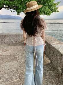 韓系小眾波點印花短袖上衣，收腰顯瘦百搭上衣 - 粉色 - 查看 6