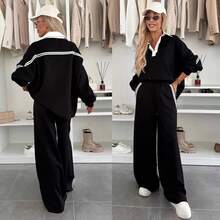 Women's Casual 2 Pieces Set, With Pockets And Button Details, Black Wide Leg Pants And Pullover Top, Medium Stretch Autumn Outfit - Black - View 11