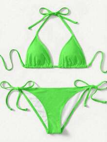 Women's Simple Solid Color Swim Bikini With A Halter Neck And Cutout, Suitable For Beach Vacations And Summer. - Olive Green - View 1
