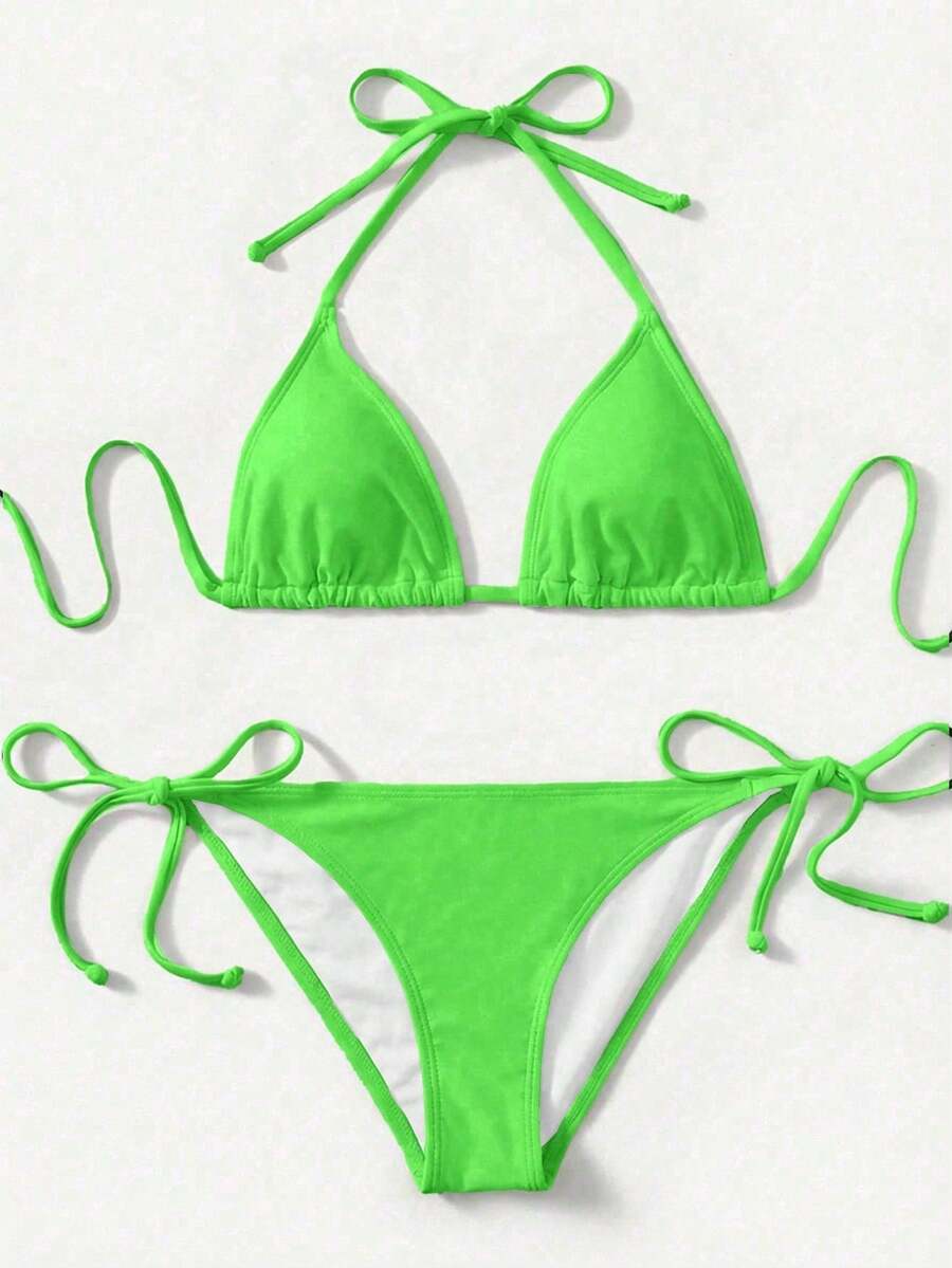 Women's Simple Solid Color Swim Bikini With A Halter Neck And Cutout, Suitable For Beach Vacations And Summer. - 橄欖綠 - 查看 1