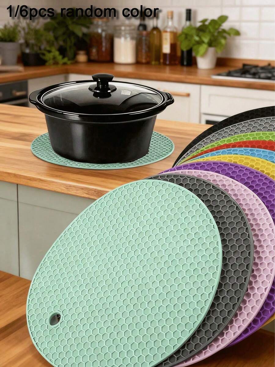 Bộ 1/6 miếng lót bàn bằng silicone chịu nhiệt - miếng lót nồi tròn chống trượt, phù hợp cho mặt bếp và bàn ăn, khay lót đa năng chịu nhiệt, phù hợp cho món ăn nóng, dã ngoại ngoài trời và tiệc nướng - Nhiều màu - Xem 1