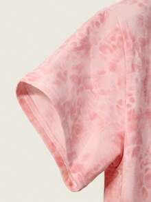 Camiseta casual de mujer con estampado tie-dye rosa, cuello redondo, manga corta, ajuste holgado, top básico transpirable para uso diario y streetwear - Rosa - Ver 7
