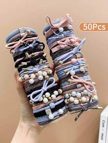 50 chiếc dây buộc tóc giả ngọc trai co giãn cao, nhiều màu sắc, phụ kiện tóc thời trang. - Nhiều màu - Xem 9