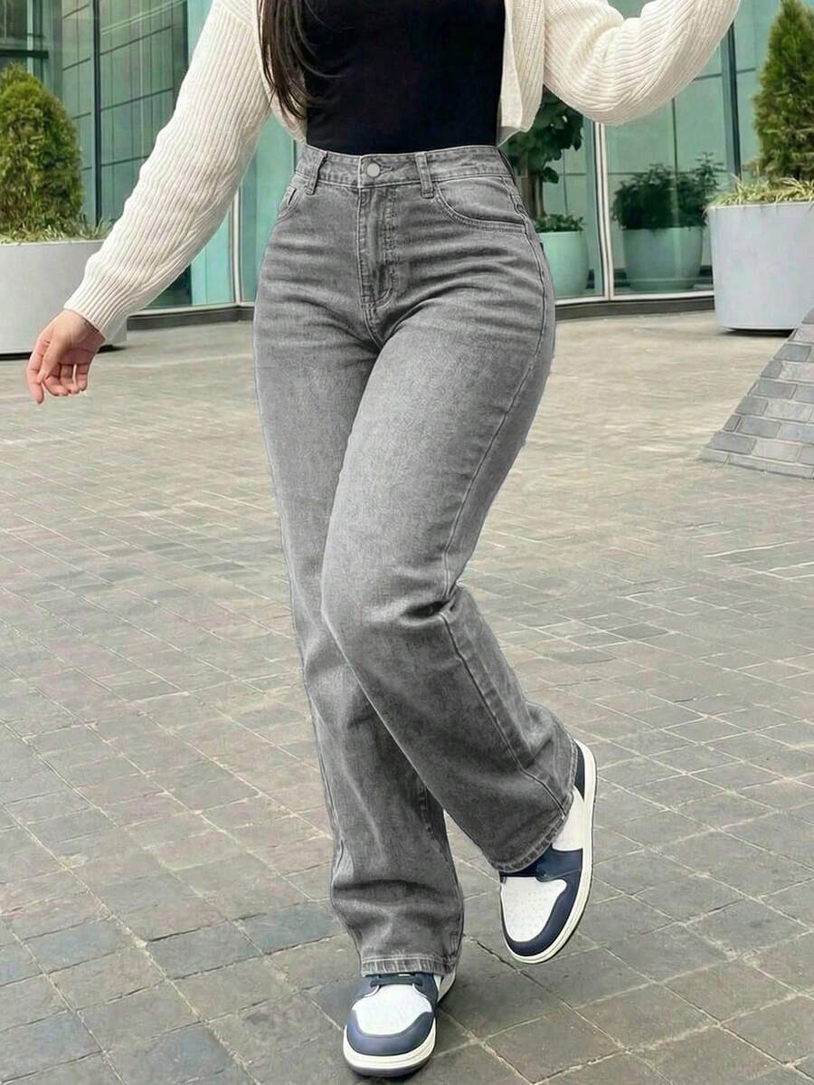Jeans rectos de pierna ancha y estilo vintage para mujer, casuales para primavera - Gris Claro - Ver 1