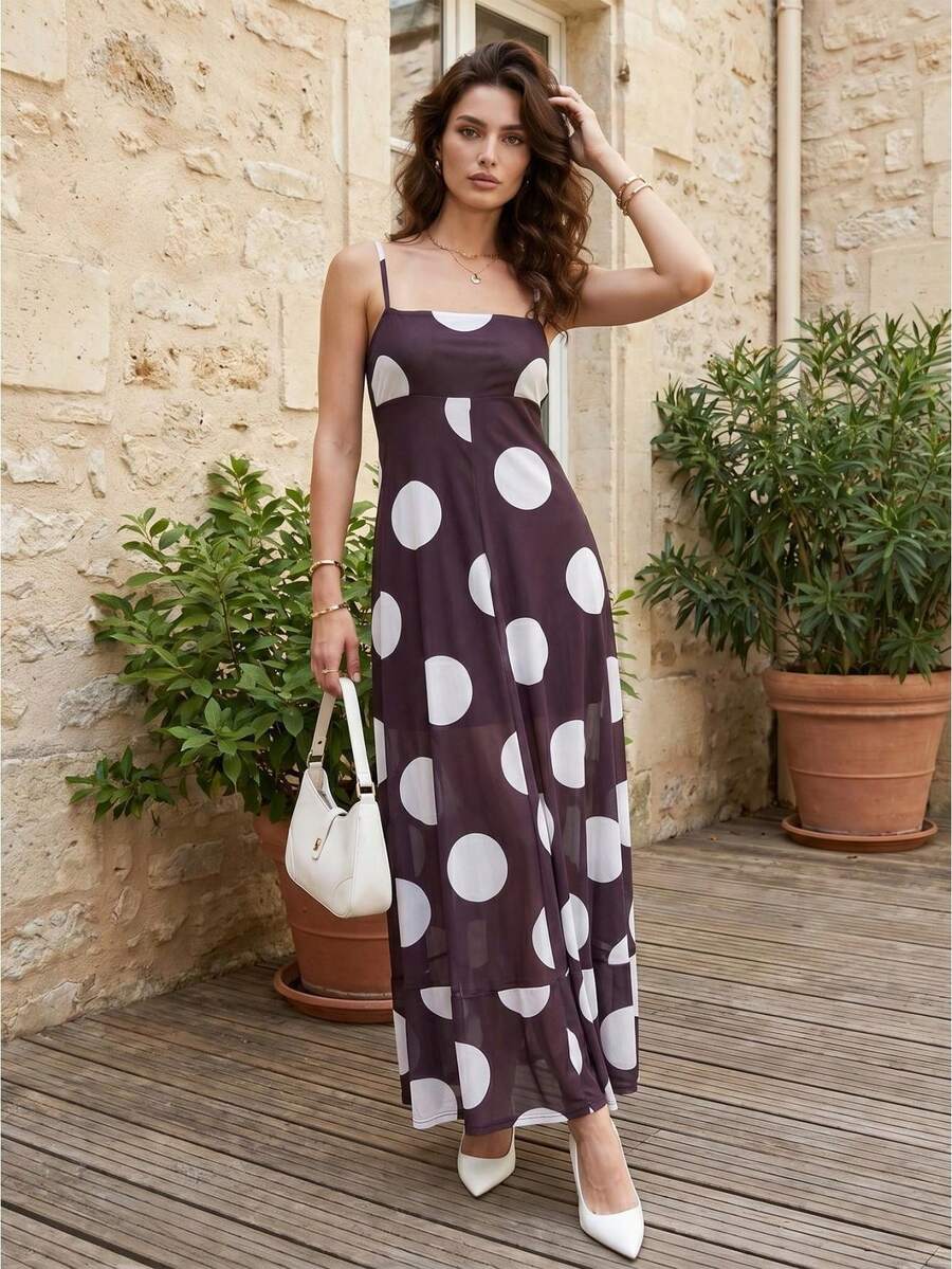 Women's Spring/Summer Long Dress Casual Stylish Dot Print Square Neck A Line Spaghetti Strap Dress - Marrón - Ver 1