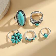 5pcs/Set Western Cowboy Vintage Turquoise Flower Antique Silver Texas Map Pattern Bull Head Cactus Sunflower Arrow Open Ring Set For Women Vacation - Antique Silver - View 5