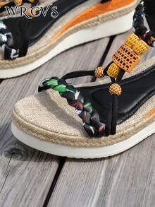 WRCVS Sandal Tali Anyaman, Sandal Platform Wedges Musim Panas, Sol Tali, Anyaman Manik-Manik Buatan Tangan dengan Pola Acak, Sandal Liburan Ringan, Sandal Luar Ruangan Gaya Bohemian yang Menambah Tinggi Badan - Hitam - View 8
