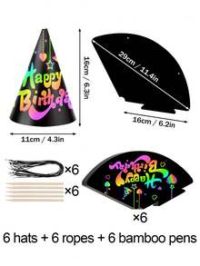 12入亮色刮刮派對帽 DIY生日藝術圓錐刮刮帽 彩色手工紙帽裝飾配件 適合趣味生日佈置 慶祝活動 與單身派對 - 多色 - 查看 12