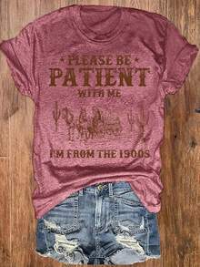 Western Style Letter Printed Round Neck T-Shirt, Casual Vacation Women'S Short Sleeve Top, Women'S Clothing, Retro Loose-Fit T-Shirt - 紅色 - 查看 1