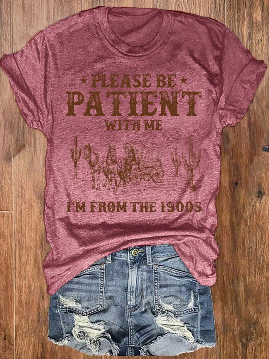 Western Style Letter Printed Round Neck T-Shirt, Casual Vacation Women'S Short Sleeve Top, Women'S Clothing, Retro Loose-Fit T-Shirt - 紅色 - 查看 1