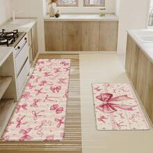 1pc Pink Bow Linen Rubber Kitchen Mat, Bathroom Mat, Door Mat, 2D Printed Rectangular Rug Suitable For Living Room, Bedroom, Hallway, Bathroom, Laundry Room, Polyester Rug, Suitable For Indoor And Outdoor Home Decor - Multicolor - View 2