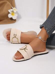 Beige Flat Slide Sandals For Women, Leather Upper With Embossed Texture And Metal Buckle Decor, Slip-On Vacation Style Summer Casual Beach Shoes, New Summer Casual One-Strap Flat Sandals - Beige - View 3