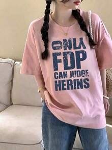 Y2K風格舒適女款短袖T恤，粉色復古水洗字母圖案T恤，夏季寬鬆休閒上衣 - 粉色 - 查看 3